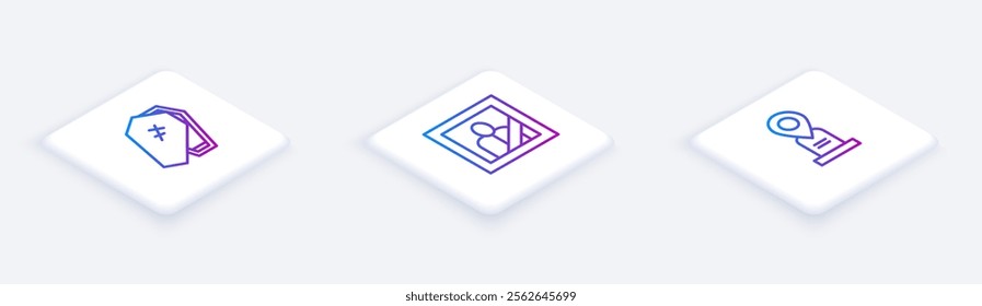 Set Isometric line Coffin with cross, Mourning photo frame and Location grave. White square button. Vector