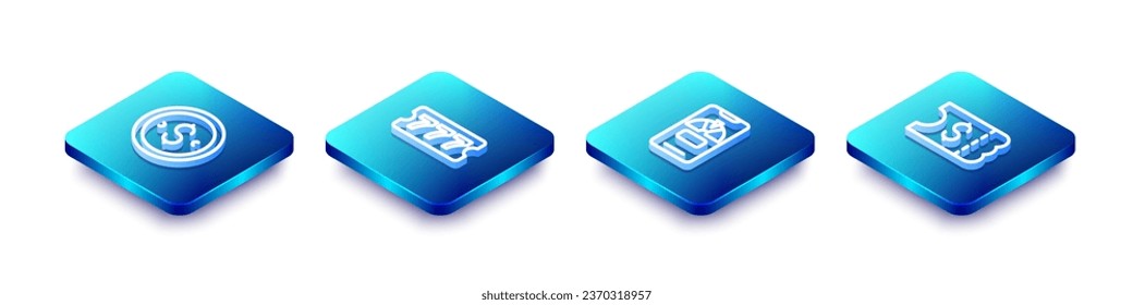 Set Isometric line Coin money with dollar, Lottery ticket, Lucky wheel phone and  icon. Vector