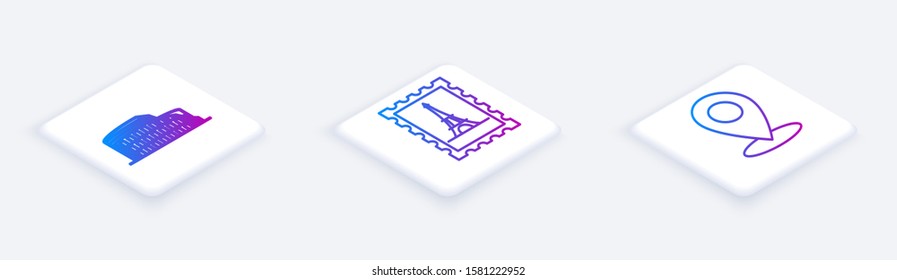 Set Isometric line Coliseum in Rome, Italy, Postal stamp and Eiffel tower and Map pin. White square button. Vector