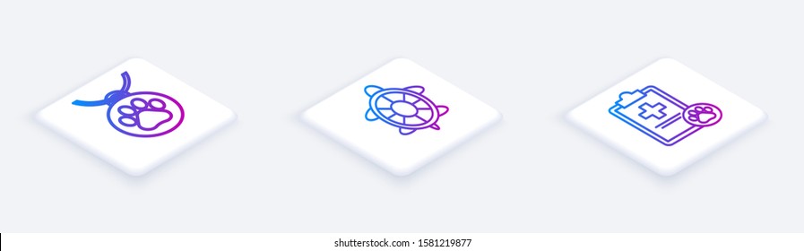 Set Isometric line Collar with name tag, Turtle and Clipboard with medical clinical record pet. White square button. Vector