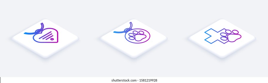Set Isometric line Collar with name tag and heart, Collar with name tag and Veterinary clinic symbol. White square button. Vector