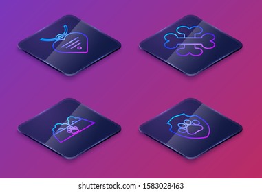Set Isometric line Collar with name tag and heart, Pet food bowl for cat or dog, Crossed bones and Animal health insurance. Blue square button. Vector