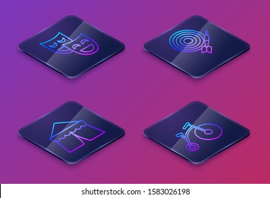 Set Isometric line Comedy theatrical masks, Circus tent, Classic dart board and arrow and Vintage bicycle with one big wheel and one small. Blue square button. Vector