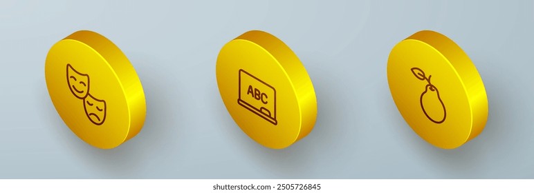 Set Isometric line Comedy and tragedy masks, Chalkboard and Pear icon. Vector