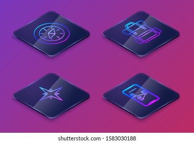 Set Isometric line Compass, Wind rose, Hiking backpack and Infographic of city map navigation. Blue square button. Vector