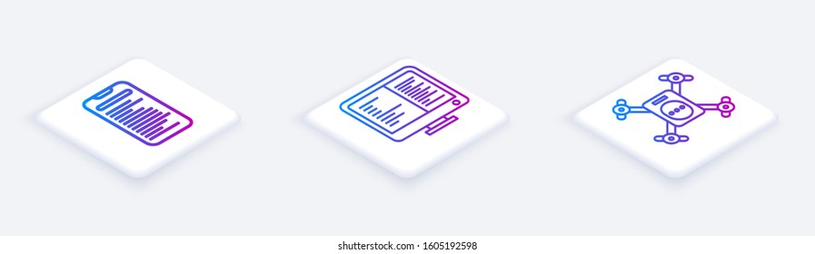 Set Isometric line Computer api interface, Computer monitor screen and Drone flying with action camera. White square button. Vector