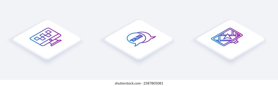 Set Isometric line Computer call taxi service, Taxi telephone and Gps device with map. White square button. Vector