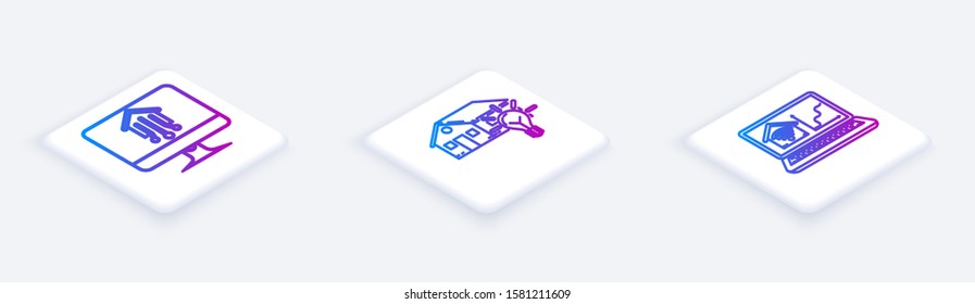Set Isometric line Computer monitor with smart home, Smart house and light bulb and Laptop with smart home with wi-fi. White square button. Vector