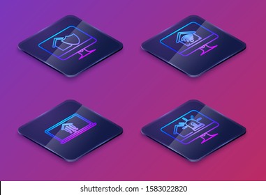 Set Isometric line Computer monitor with house under protection, Laptop with smart home, wi-fi and Computer monitor with smart house and alarm. Blue square button. Vector