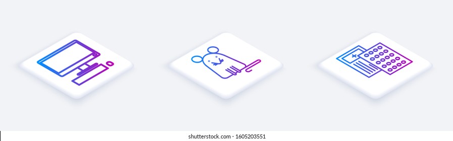 Set Isometric line Computer monitor with keyboard and mouse, Rat and Pills in blister pack. White square button. Vector