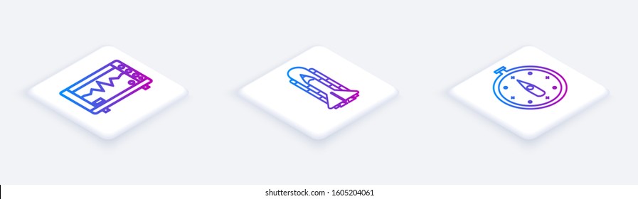 Set Isometric line Computer monitor with cardiogram, Space shuttle and rockets and Compass. White square button. Vector