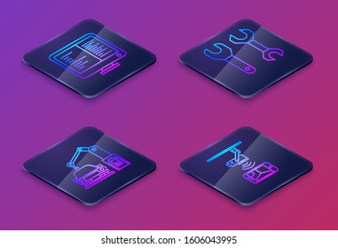 Set Isometric line Computer monitor screen, Industrial machine robotic robot arm hand, Spanner and Wireless Controlling CCTV security camera. Blue square button. Vector