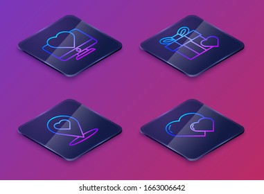 Establecer la línea Isometric Monitor de ordenador con corazón, Puntero de mapa con corazón, caja de regalo y corazón y corazón. Botón cuadrado azul. Vector