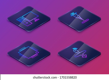 Set Isometric line Computer monitor, Processor with microcircuits CPU, Syringe and UAV Drone. Blue square button. Vector