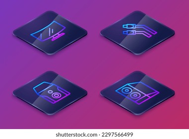 Set Isometric line Computer monitor screen, Uninterruptible power supply, LAN cable network internet and Case of computer. Blue square button. Vector