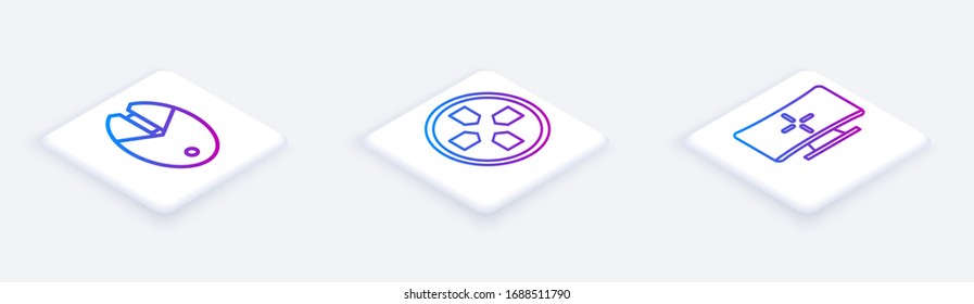 Set Isometric line Computer mouse gaming, Gamepad and Computer monitor. White square button. Vector