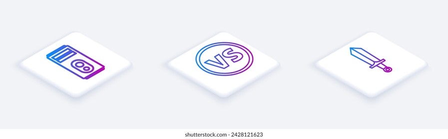 Establecer la línea isométrica Computadora, VS Versus batalla y Espada para el juego. Botón cuadrado blanco. Vector