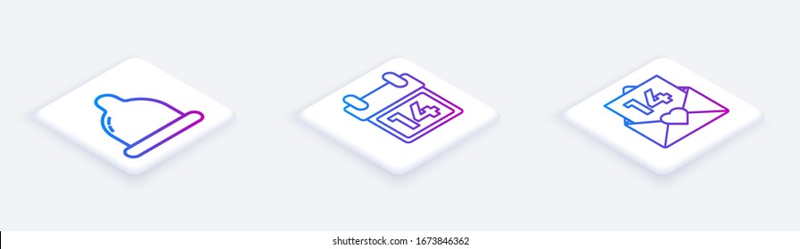 Set Isometric line Condom, Calendar with February 14 and Envelope with Valentine heart. White square button. Vector
