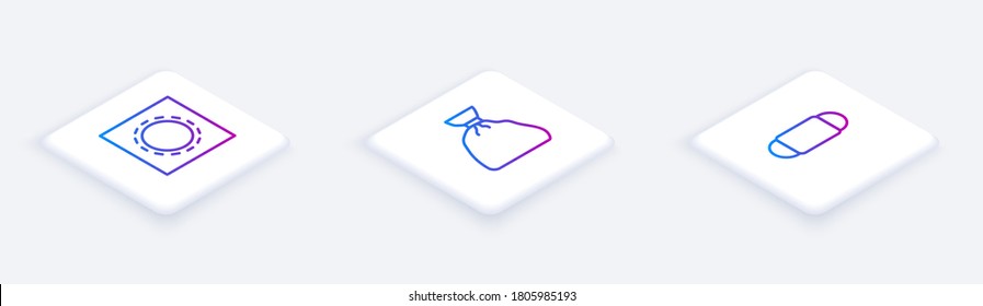Set Isometric line Condom in package safe sex, Garbage bag and Medical protective mask. White square button. Vector