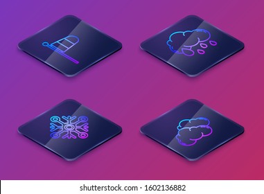 Set Isometric line Cone meteorology windsock wind vane, Snowflake, Cloud with rain and Cloud. Blue square button. Vector