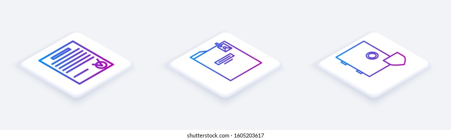 Set Isometric line Confirmed document and check mark, Personal folder and Safe with shield. White square button. Vector
