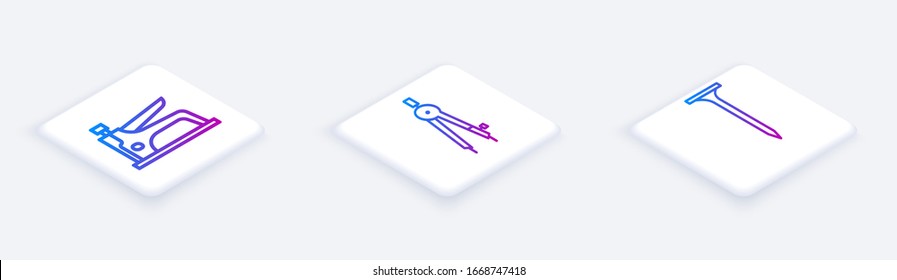 Set Isometric line Construction stapler, Drawing compass and Metallic nail. White square button. Vector