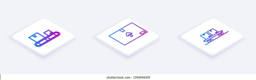 Set Isometric line Conveyor belt with cardboard box , Cardboard box with traffic symbol  and Railway carriage . White square button. Vector