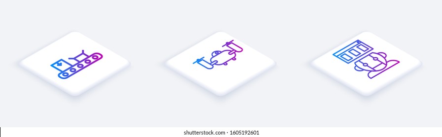 Set Isometric line Conveyor belt with cardboard box, Drone flying with action camera and Robot. White square button. Vector