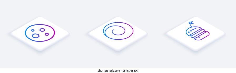 Set Isometric line Cookie or biscuit with chocolate , Roll bun with cinnamon  and Burger . White square button. Vector