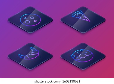 Set Isometric line Cookie or biscuit with chocolate , Croissant , Slice of pizza  and Donut with sweet glaze . Blue square button. Vector