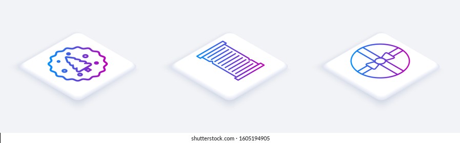 Set Isometric line Cookie or biscuit with chocolate, Christmas wish list template and Gift box. White square button. Vector