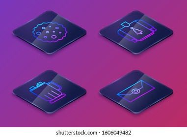 Set Isometric line Cookie or biscuit with chocolate, Hot chocolate cup with marshmallows, Christmas sweater and Envelope with christmas party invitation card. Blue square button. Vector