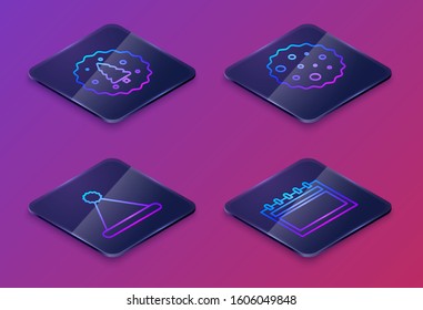 Set Isometric line Cookie or biscuit with chocolate, Christmas Santa Claus hat, Cookie or biscuit with chocolate and Calendar. Blue square button. Vector