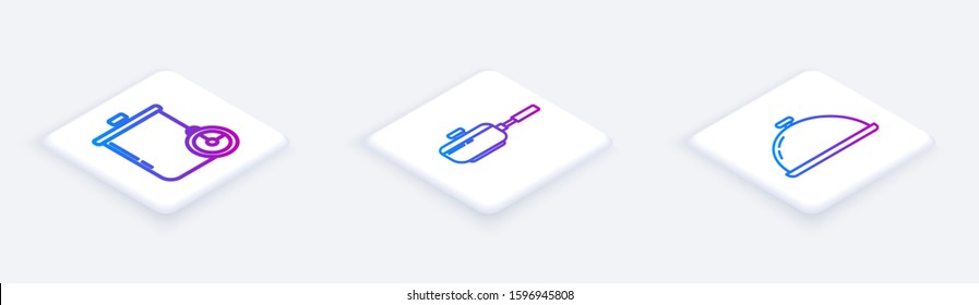 Set Isometric line Cooking pot and kitchen timer , Frying pan  and Covered with a tray of food . White square button. Vector