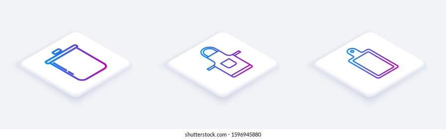 Set Isometric line Cooking pot , Kitchen apron  and Cutting board . White square button. Vector