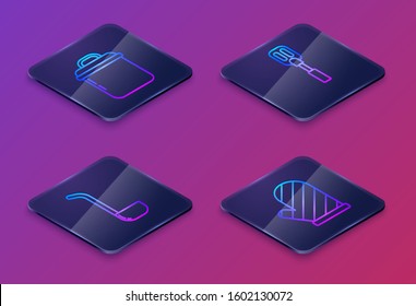 Set Isometric line Cooking pot , Kitchen ladle , Spatula  and Oven glove . Blue square button. Vector