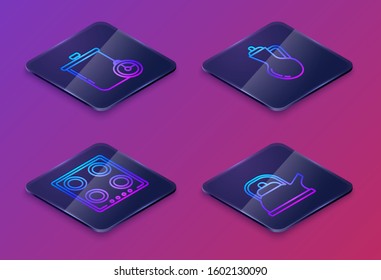 Set Isometric line Cooking pot and kitchen timer , Gas stove , Bottle of olive oil  and Kettle with handle . Blue square button. Vector