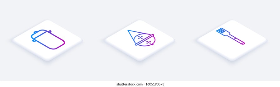 Set Isometric line Cooking pot, Ball tea strainer and Fork. White square button. Vector