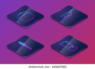 Set Isometric line Cooking pot, Honey dipper stick, Kitchen colander and Moka pot. Blue square button. Vector