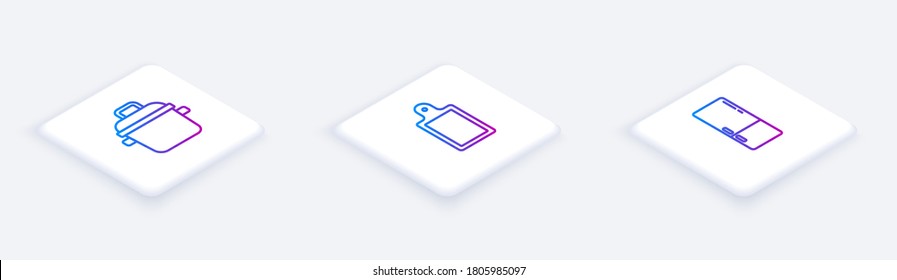 Set Isometric line Cooking pot, Cutting board and Refrigerator. White square button. Vector