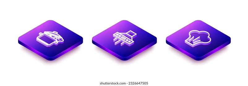 Set Isometric line Cooking pot, Kitchen extractor fan and Chef hat icon. Vector
