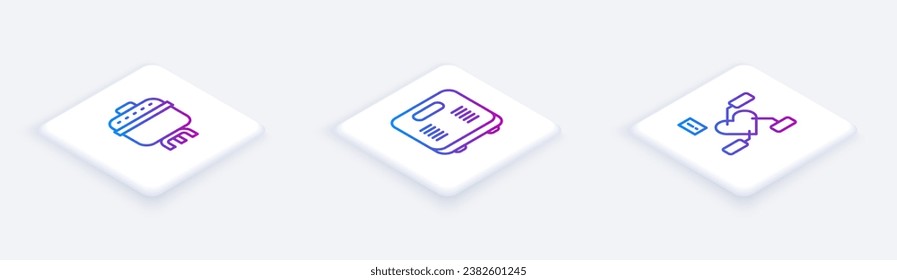 Set Isometric line Cooking pot, Bathroom scales and Attention to health heart. White square button. Vector