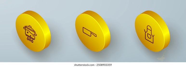Set de línea isométrica Olla de cocción en el fuego, sartén e icono de delantal de cocina. Vector