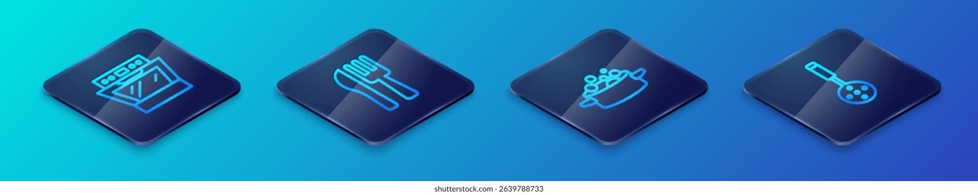 Set Isometric line Cooking pot, Oven, Spatula and Crossed knife and fork icon. Vector