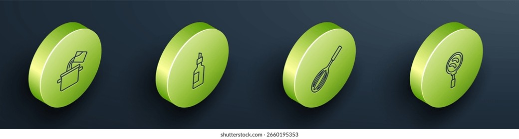 Set Isometrische Linie Kochtopf, Flasche Olivenöl, Küche Whisk und Bratpfanne Symbol. Vektorgrafik