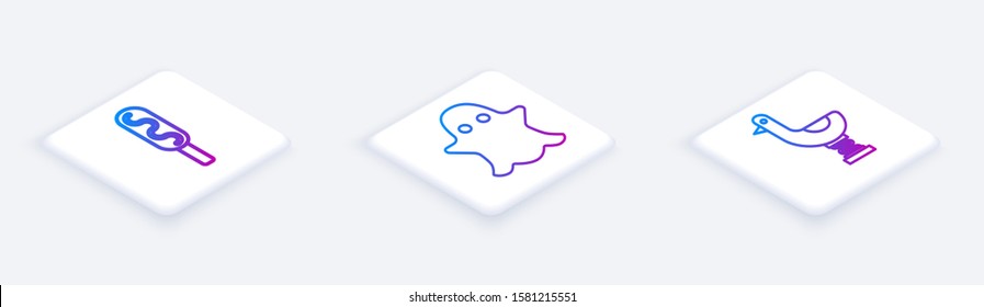 Set Isometric line Corn dog, Ghost and Riding kid duck. White square button. Vector