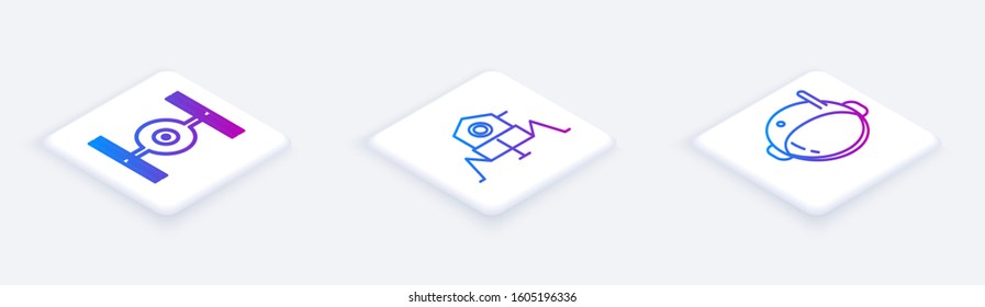 Set Isometric line Cosmic ship, Mars rover and Astronaut helmet. White square button. Vector