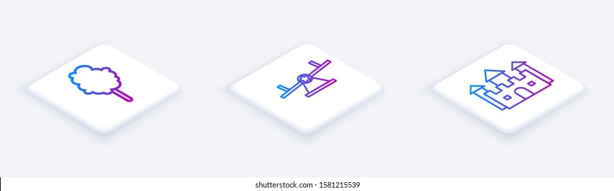 Set Isometric line Cotton candy, Seesaw and Castle. White square button. Vector