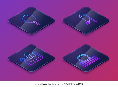 Set Isometric line Cotton candy, Castle, Firework rocket and Roller coaster. Blue square button. Vector