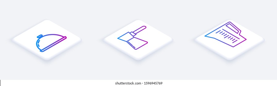 Set Isometric line Covered with a tray of food , Coffee turk  and Measuring cup. White square button. Vector